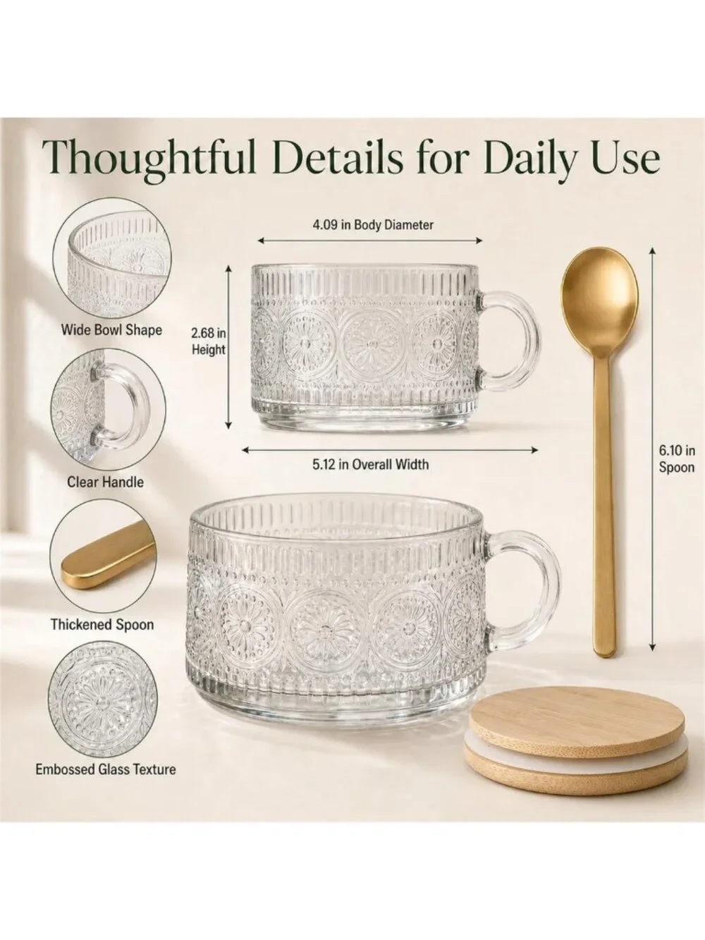 Vintage Glass Coffee Mugs Set of 4 - Clear Embossed Cups with Bamboo Lids